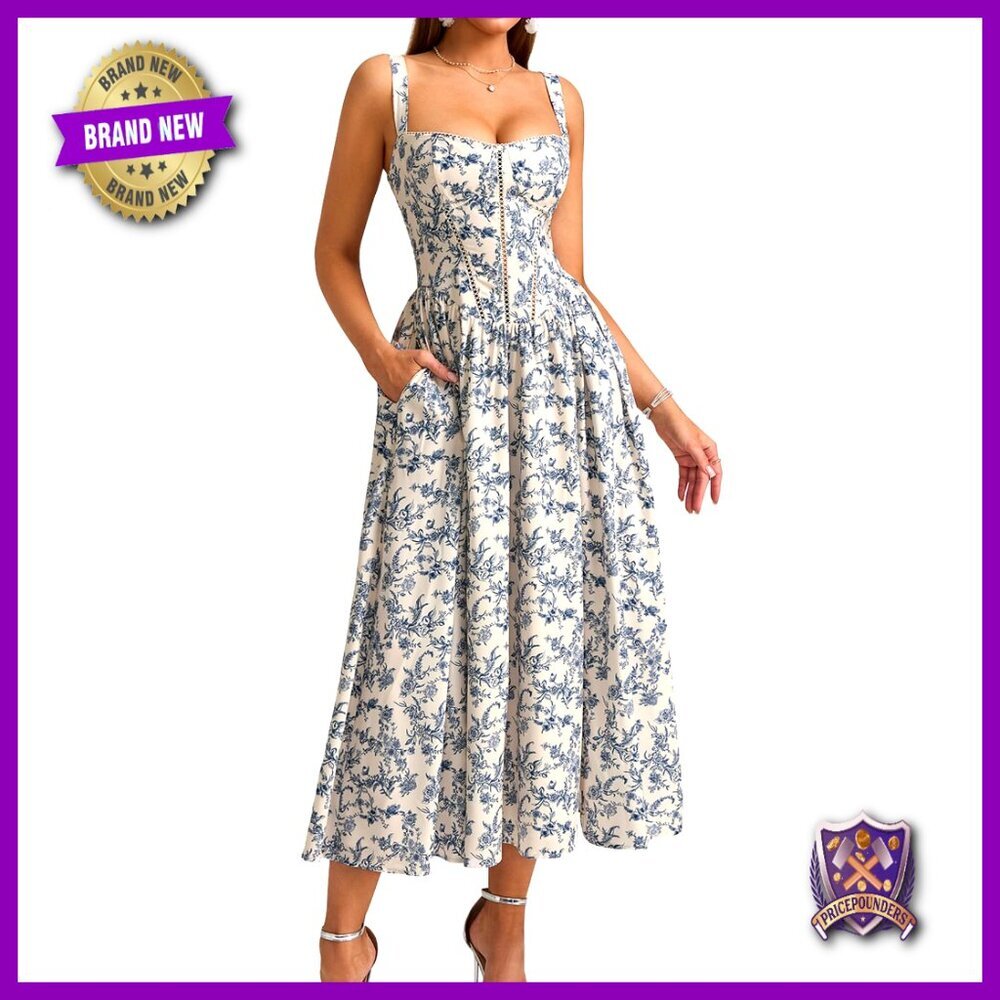 Floral Corset Midi Dress Boho Chic Wedding Guest Sundress with Pockets